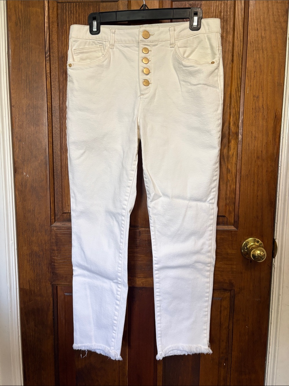 Democracy White Skinny Jeans with Gold Button Fly